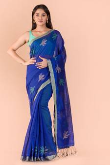 Blue hand woven blended cotton saree with blouse