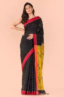 Black hand woven blended cotton saree with blouse