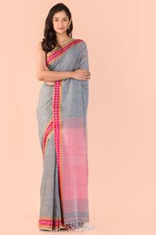 Grey hand woven cotton saree with blouse