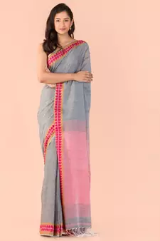 Grey hand woven cotton saree with blouse