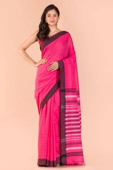 Pink hand woven cotton saree with blouse