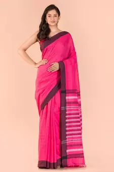 Pink hand woven cotton saree with blouse