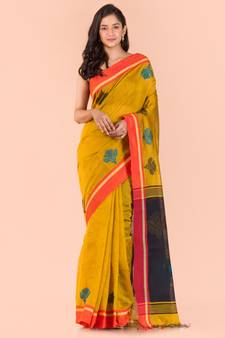 Yellow hand woven blended cotton saree with blouse