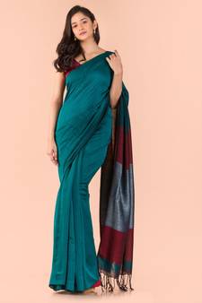 Teal hand woven cotton saree with blouse