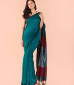 Teal hand woven cotton saree with blouse