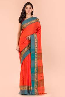 Orange hand woven cotton saree with blouse