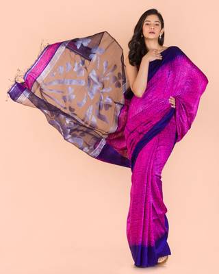 Pink hand woven matka silk saree with blouse 4