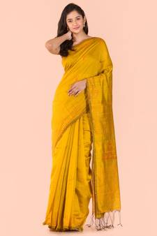 Yellow hand woven blended cotton saree with blouse