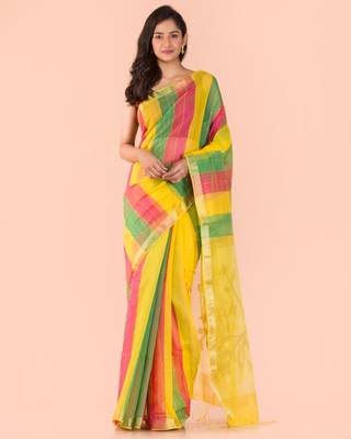 Multicolor hand woven blended cotton saree with blouse 1