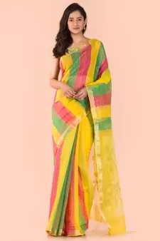 Multicolor hand woven blended cotton saree with blouse