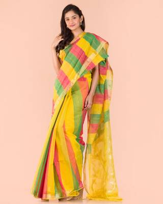 Multicolor hand woven blended cotton saree with blouse 4