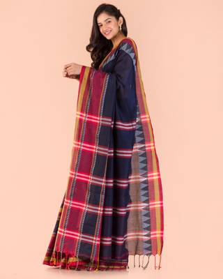 Multicolor hand woven cotton saree with blouse 4