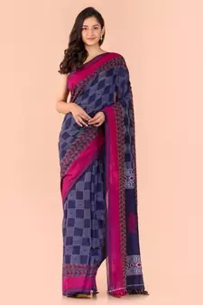 Blue hand woven cotton saree with blouse