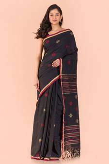 Black hand woven cotton saree with blouse