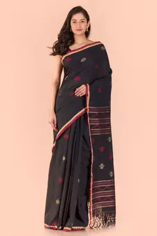 Black hand woven cotton saree with blouse