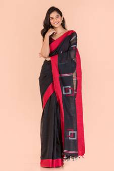 Black hand woven cotton saree with blouse