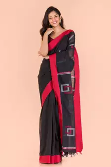 Black hand woven cotton saree with blouse