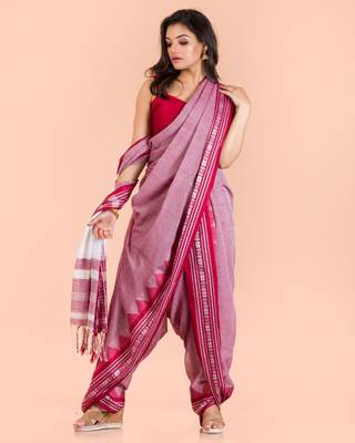Coral hand woven cotton saree with blouse 4