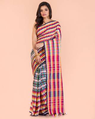 Multicolor hand woven cotton saree with blouse 1