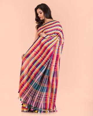 Multicolor hand woven cotton saree with blouse 2