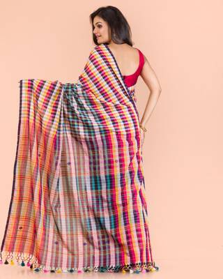 Multicolor hand woven cotton saree with blouse 3