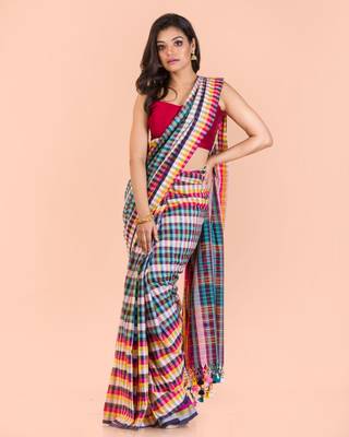 Multicolor hand woven cotton saree with blouse 4