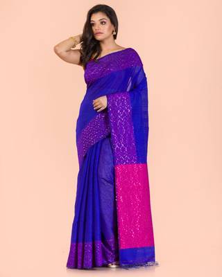 Blue hand woven matka silk saree with blouse 1