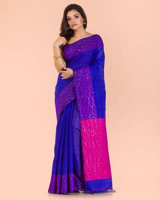 Blue hand woven matka silk saree with blouse 2