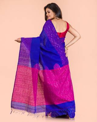 Blue hand woven matka silk saree with blouse 4