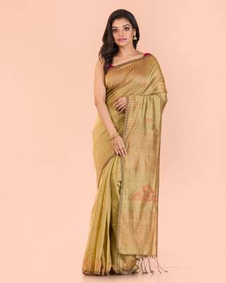 Beige hand woven blended cotton saree with blouse 1