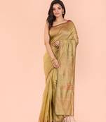 Beige hand woven blended cotton saree with blouse