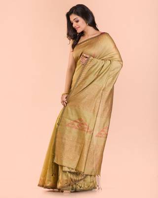 Beige hand woven blended cotton saree with blouse 2