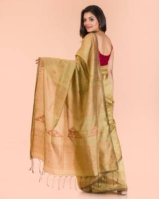 Beige hand woven blended cotton saree with blouse 3