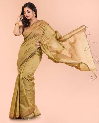 Beige hand woven blended cotton saree with blouse 4