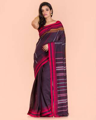 Dark brown hand woven cotton saree with blouse 1