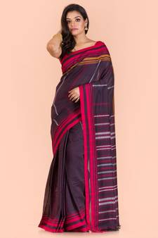 Dark brown hand woven cotton saree with blouse