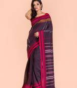 Dark brown hand woven cotton saree with blouse