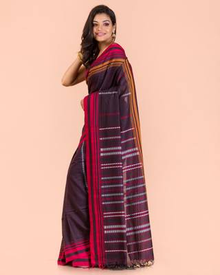 Dark brown hand woven cotton saree with blouse 2