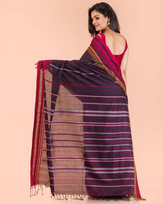Dark brown hand woven cotton saree with blouse 3
