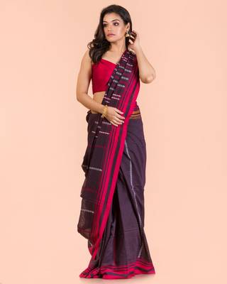 Dark brown hand woven cotton saree with blouse 4