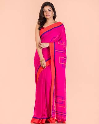 Pink hand woven cotton saree with blouse 1