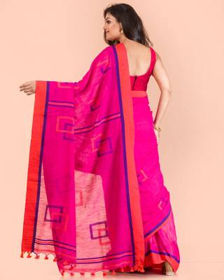 Pink hand woven cotton saree with blouse 3