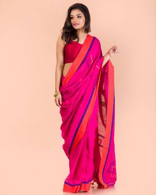Pink hand woven cotton saree with blouse 4