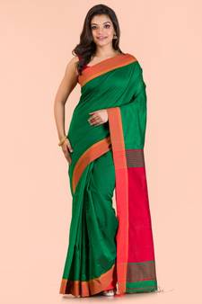 Green hand woven blended cotton saree with blouse