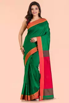Green hand woven blended cotton saree with blouse