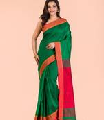Green hand woven blended cotton saree with blouse