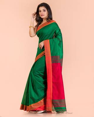 Green hand woven blended cotton saree with blouse 2