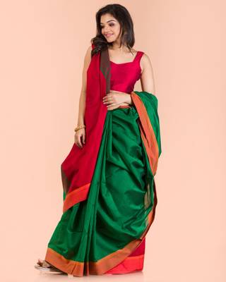 Green hand woven blended cotton saree with blouse 4