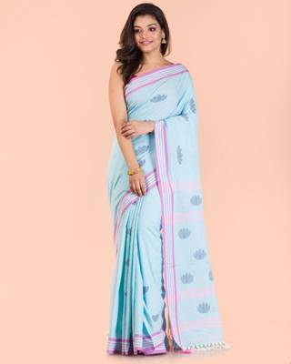 Aqua blue hand woven cotton saree with blouse 1