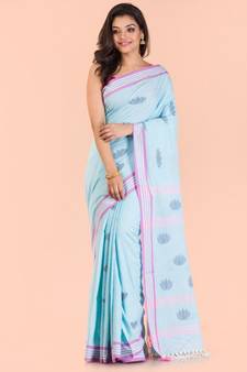 Aqua blue hand woven cotton saree with blouse